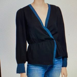 BCBG Max Azria ContrastBlack/Aqua  Wrap Top Peplum Blouse